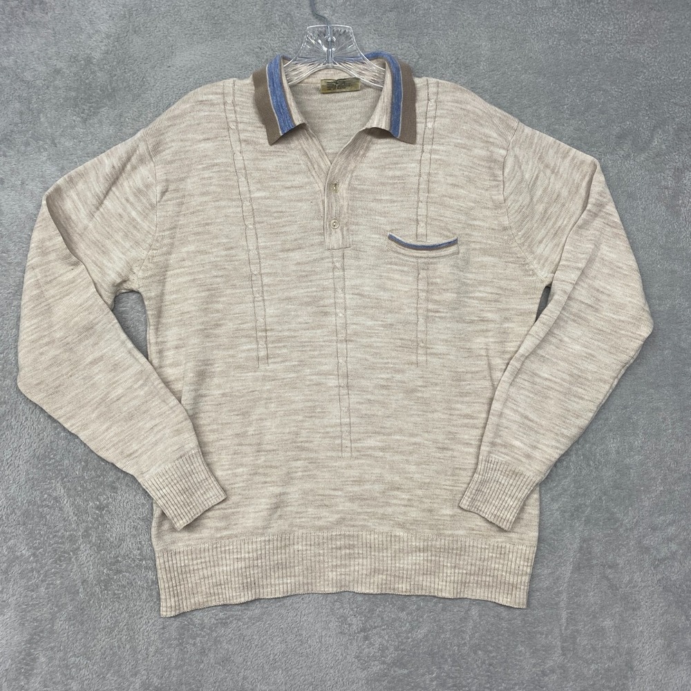 Vintage Mister Man Sweater Mens XL Beige 70s Knit Long Sleeve Collar Korea Ricky
